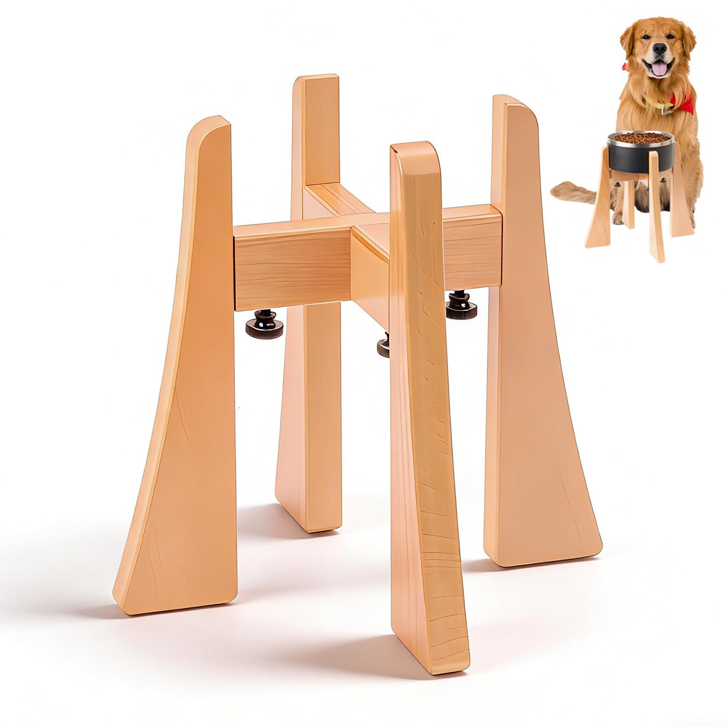 LuLuwood Beech dog bowl stand side view shows sturdy frame for medium and large dogs