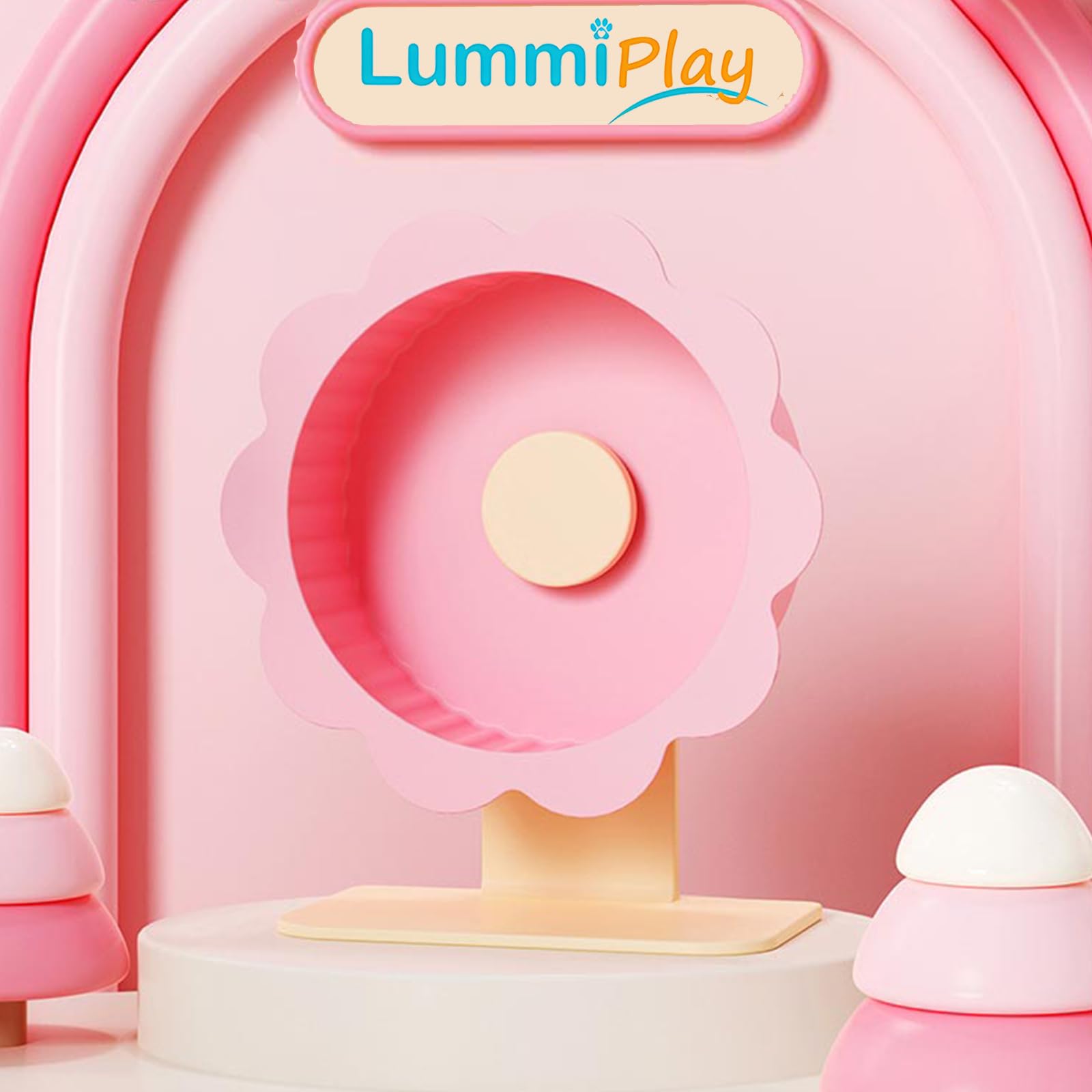 LummiPlay Hamster Wheel pink large drum close-up illustrating smooth rolling for healthy exercise.