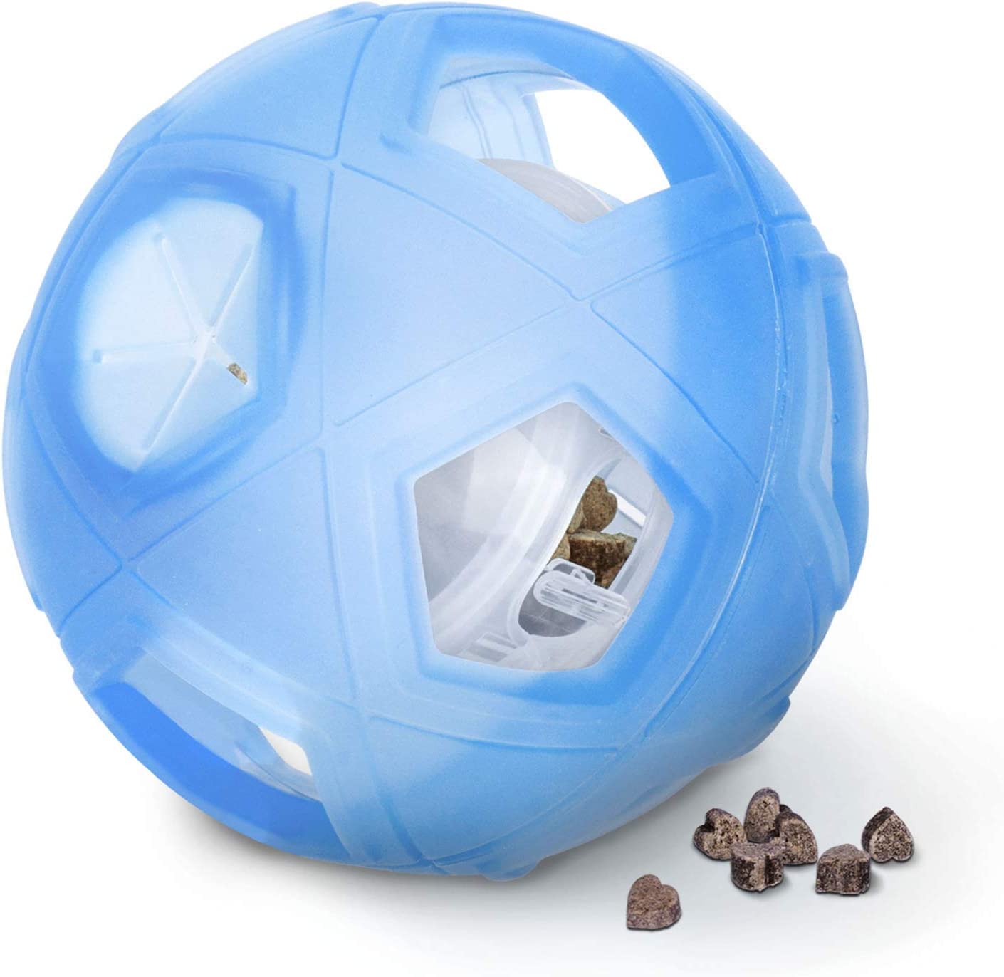 LumoLeaf dog enjoying blue treat ball puzzle for boredom relief.