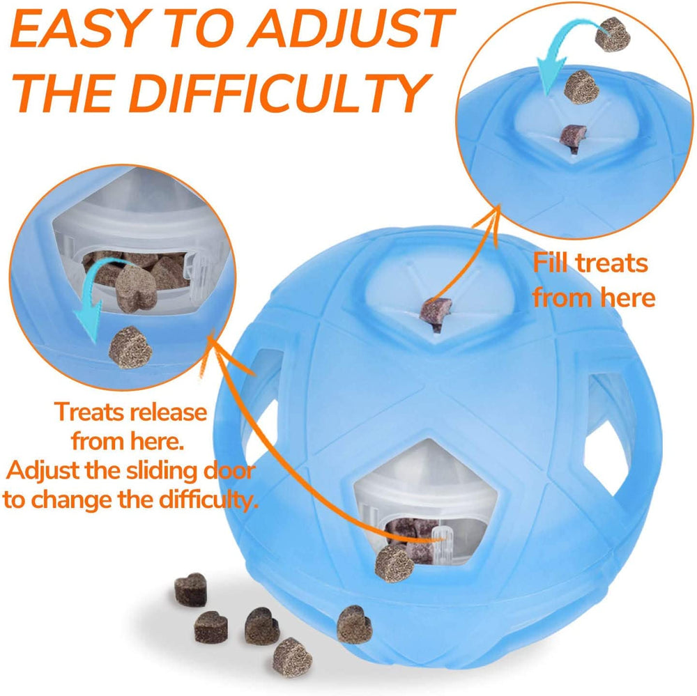 LumoLeaf dog treat ball slow-eating action blue showing pawing rewards.