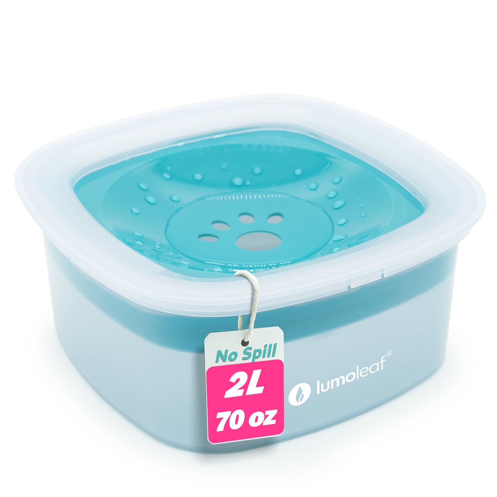 LumoLeaf No Spill Water Bowl blue closeup with floating disk reduces splashing.
