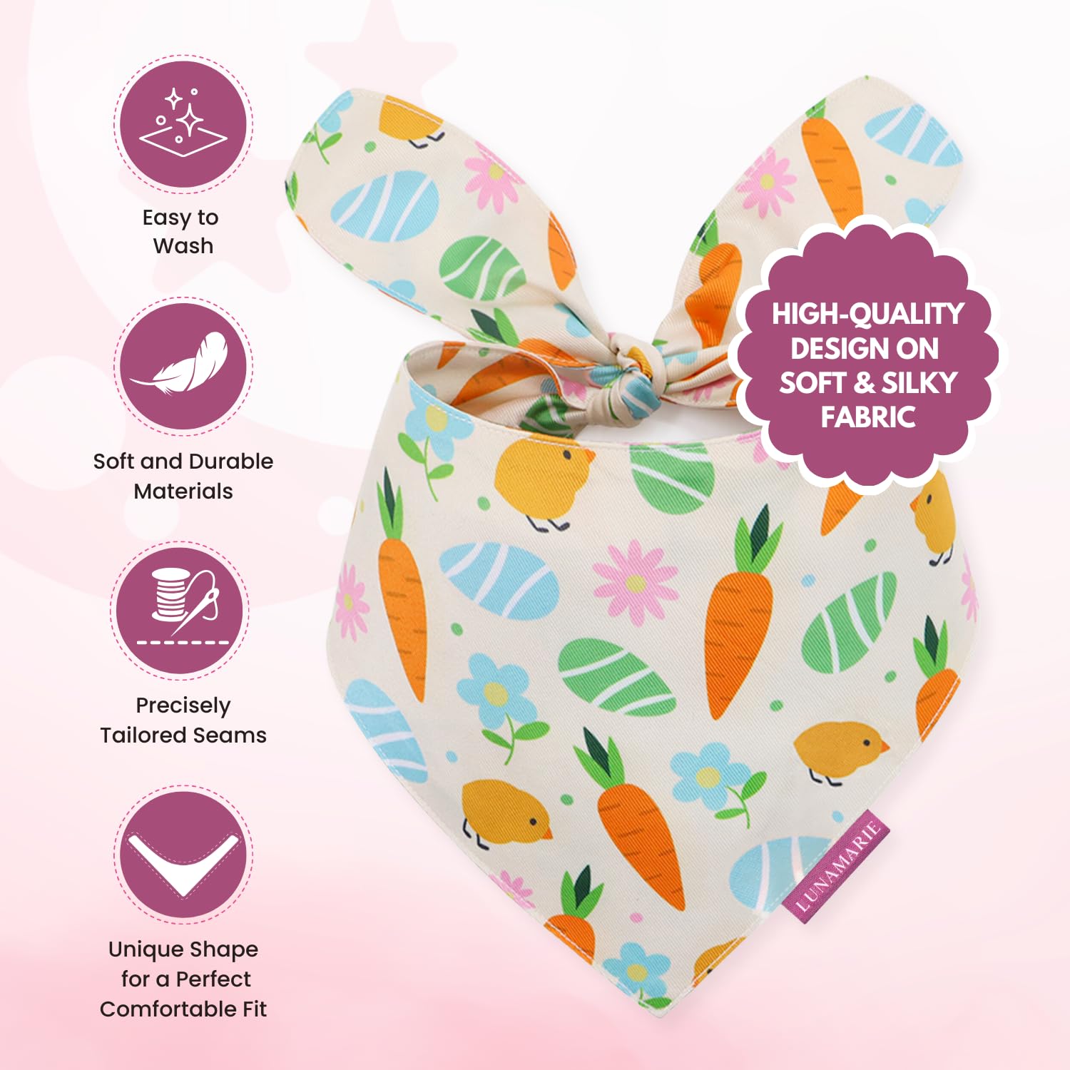 LunaMarie medium size bandana on dog neck demonstrating secure lightweight fit.