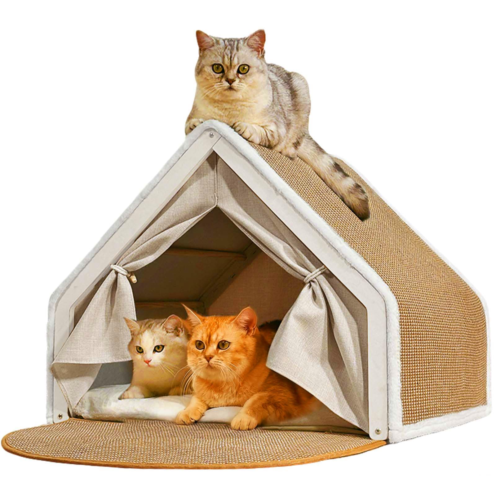 LUNNTE cat house with natural sisal scratcher mat helps protect furniture and satisfies scratching needs