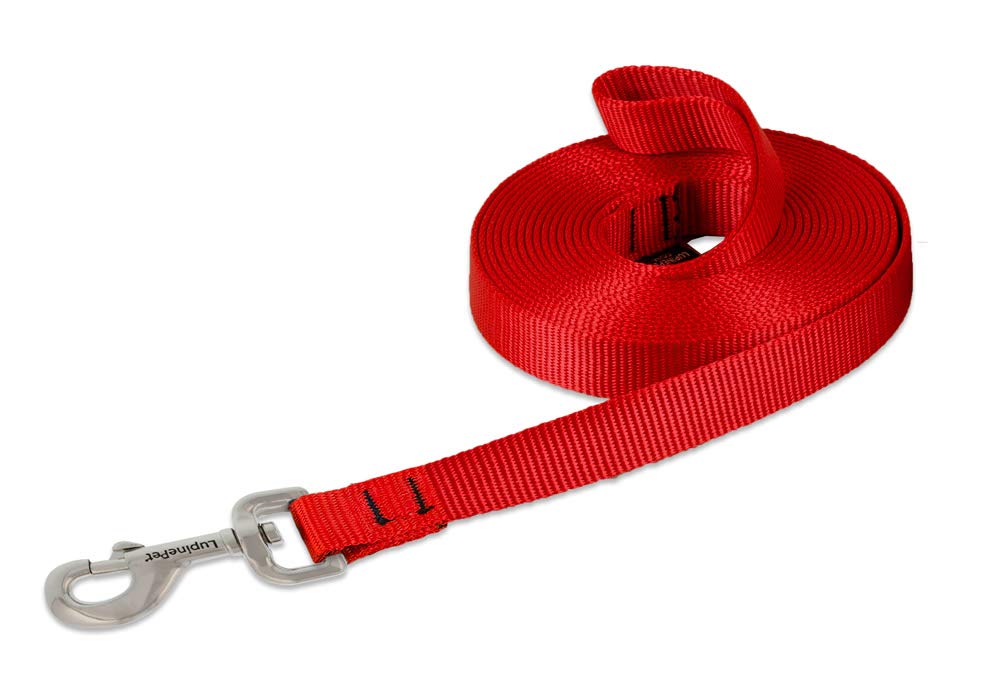 LupinePet Basics 3/4-inch red 15-foot training leash enables long-distance recall training.