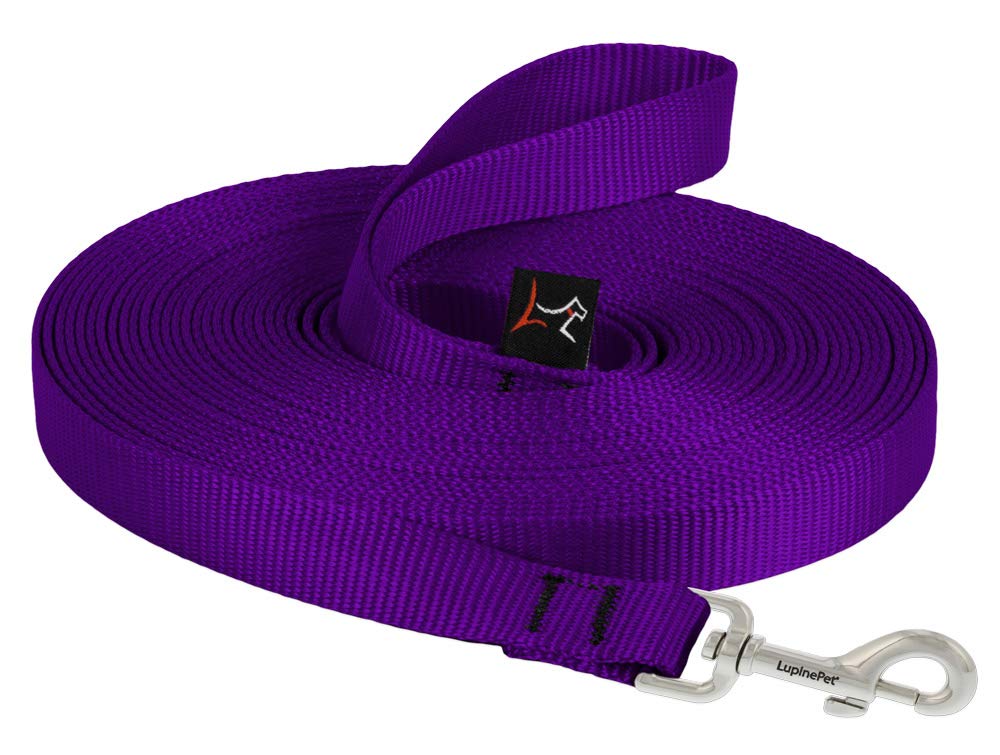 LupinePet Basics purple 30-foot training leash extended for long-distance recall practice