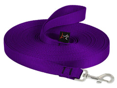 LupinePet Basics purple 30-foot training leash extended for long-distance recall practice