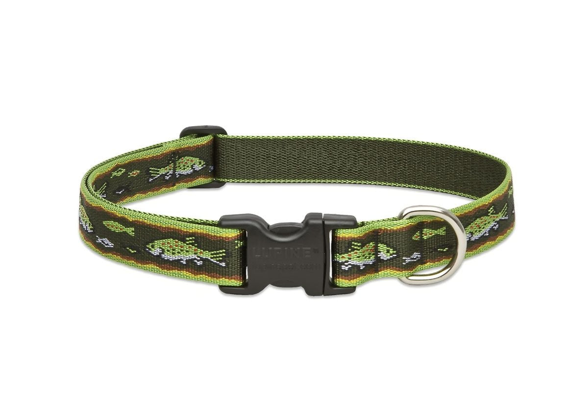 LupinePet Originals Brook Trout collar closeup highlighting durable welded steel D-ring for secure adventures