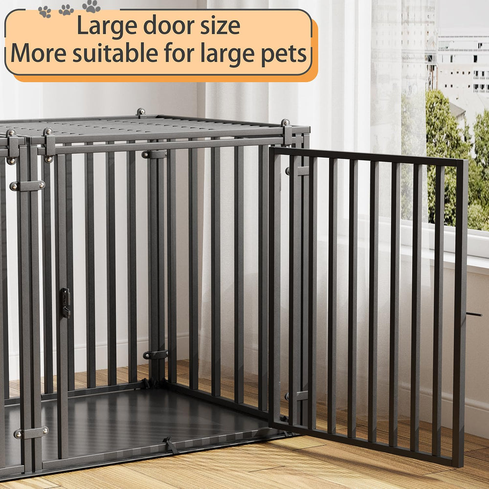LURIVA steel tube dog crate shown indoors and outdoors for versatile use.