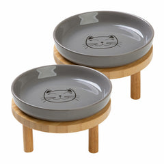 Lusifaco shallow elevated bowls in grey with bamboo stand for stable feeding.