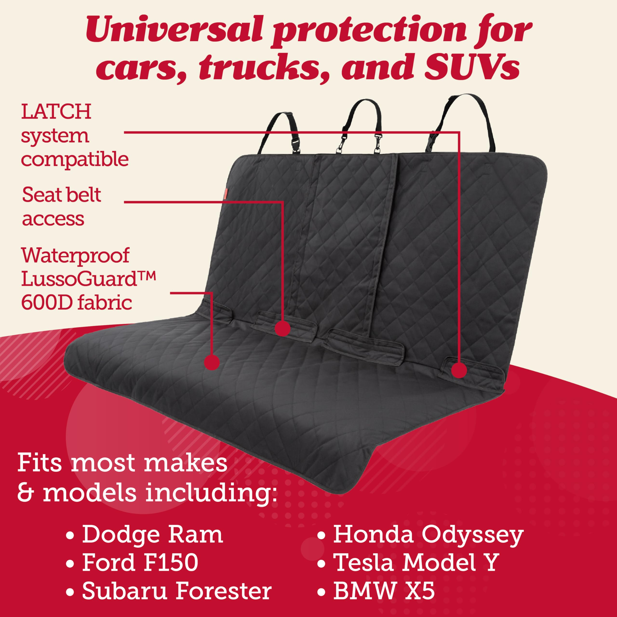 Lusso Gear dog seat cover non-slip backing keeps back seat secure on uneven roads.