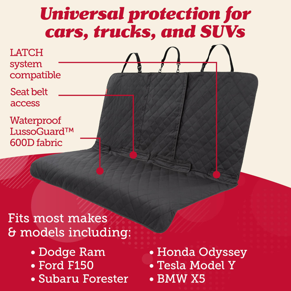 Lusso Gear dog seat cover non-slip backing keeps back seat secure on uneven roads.