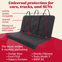 Lusso Gear dog seat cover non-slip backing keeps back seat secure on uneven roads.