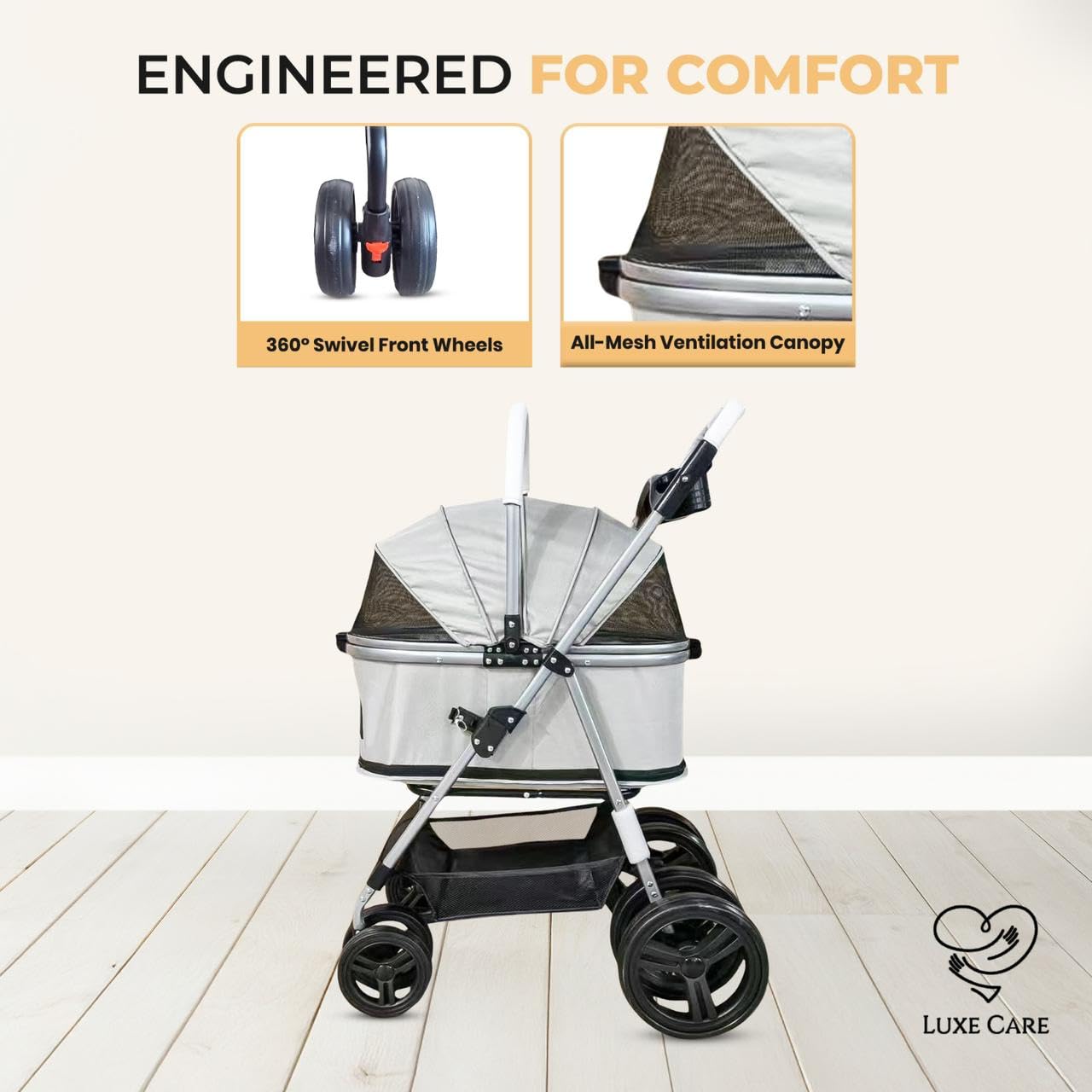 LUXE CARES folded-compact view demonstrates easy storage after walks.