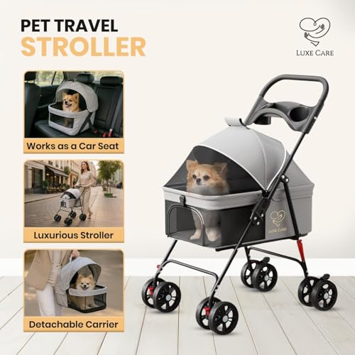 LUXE CARES 4-Wheel Foldable Pet Stroller folded-compact picture for travel and closets.