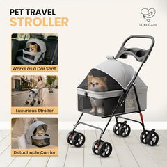LUXE CARES 4-Wheel Foldable Pet Stroller folded-compact picture for travel and closets.