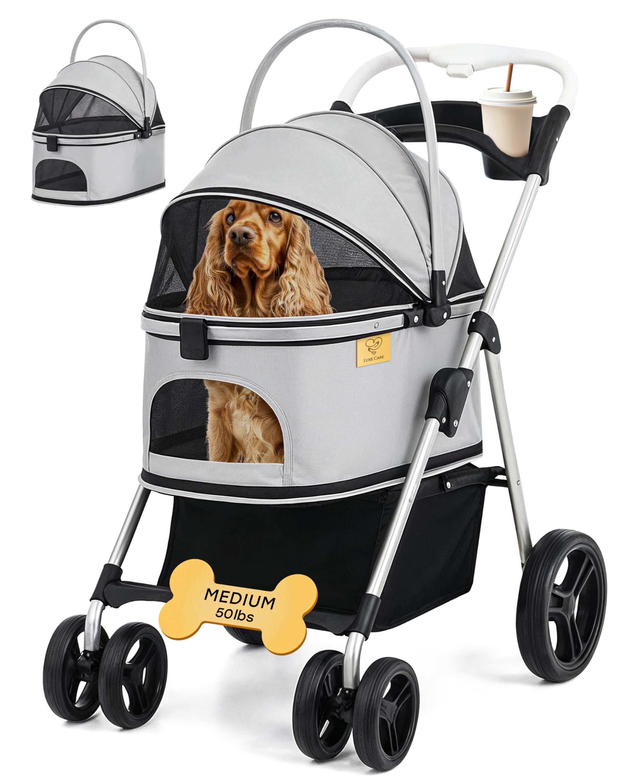 LUXE CARES 4-wheel foldable pet stroller front view for a stable, secure walk.