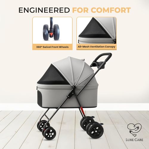 LUXE CARES 4-Wheel Foldable Pet Stroller interior with pet-friendly padding for comfort.