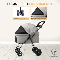 LUXE CARES 4-Wheel Foldable Pet Stroller interior with pet-friendly padding for comfort.