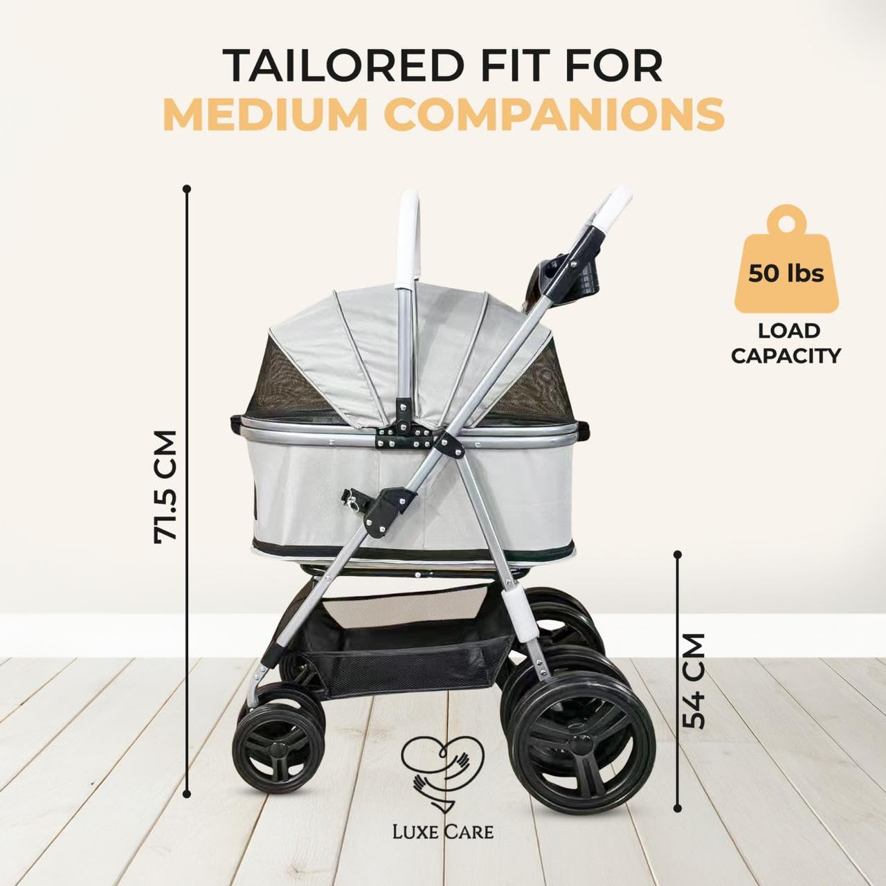 LUXE CARES 4-wheel stroller side view with mesh canopy for airflow and pet comfort.