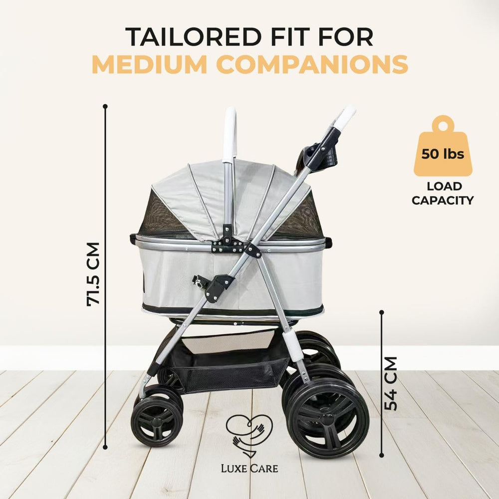 LUXE CARES 4-wheel stroller side view with mesh canopy for airflow and pet comfort.