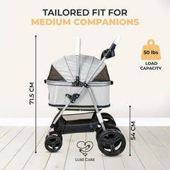 LUXE CARES 4-wheel stroller side view with mesh canopy for airflow and pet comfort.