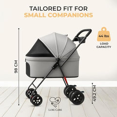 LUXE CARES 4-Wheel Foldable Pet Stroller side-view showing stability and compact storage.