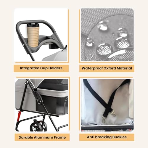 LUXE CARES Pet Stroller under-basket and cup holder for essentials within reach.