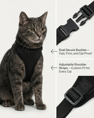 Luxelle cat-harness over-head design facilitates easy, secure wearing.