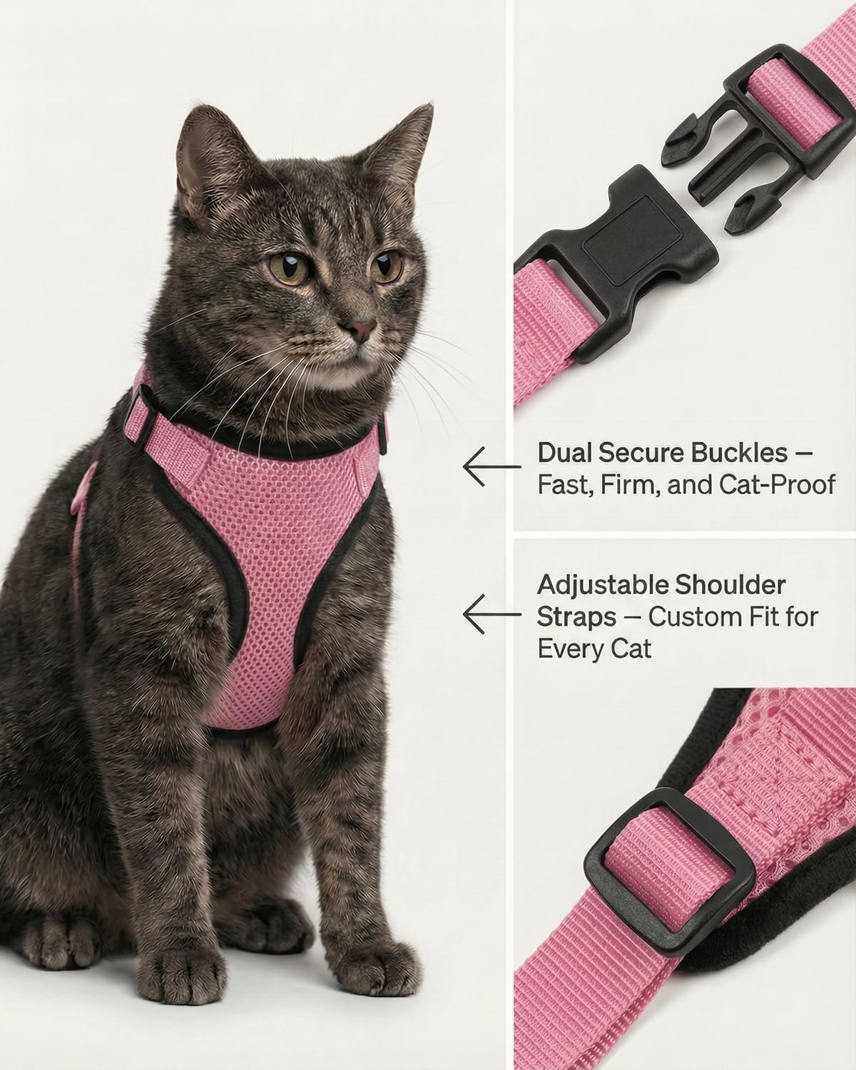 Luxelle harness buckles and sliders close-up shows dual-lock security.