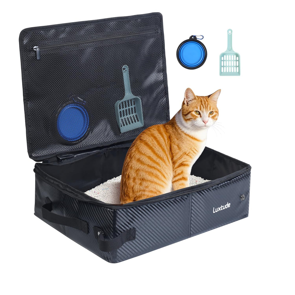 Luxtude collapsible travel litter box folded for compact storage and easy transport.