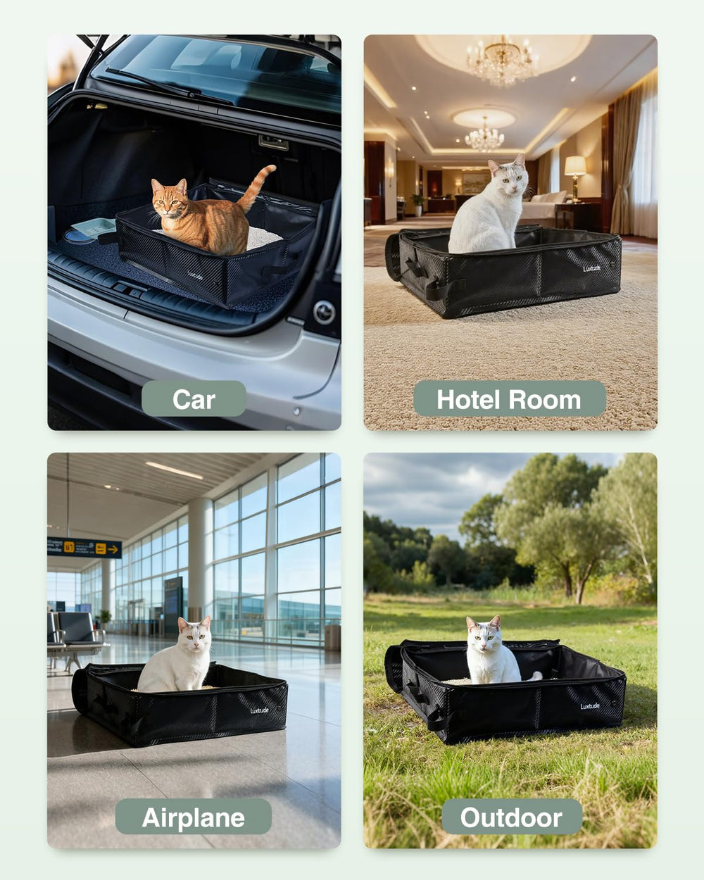 Luxtude travel litter box with scoop included for convenience.