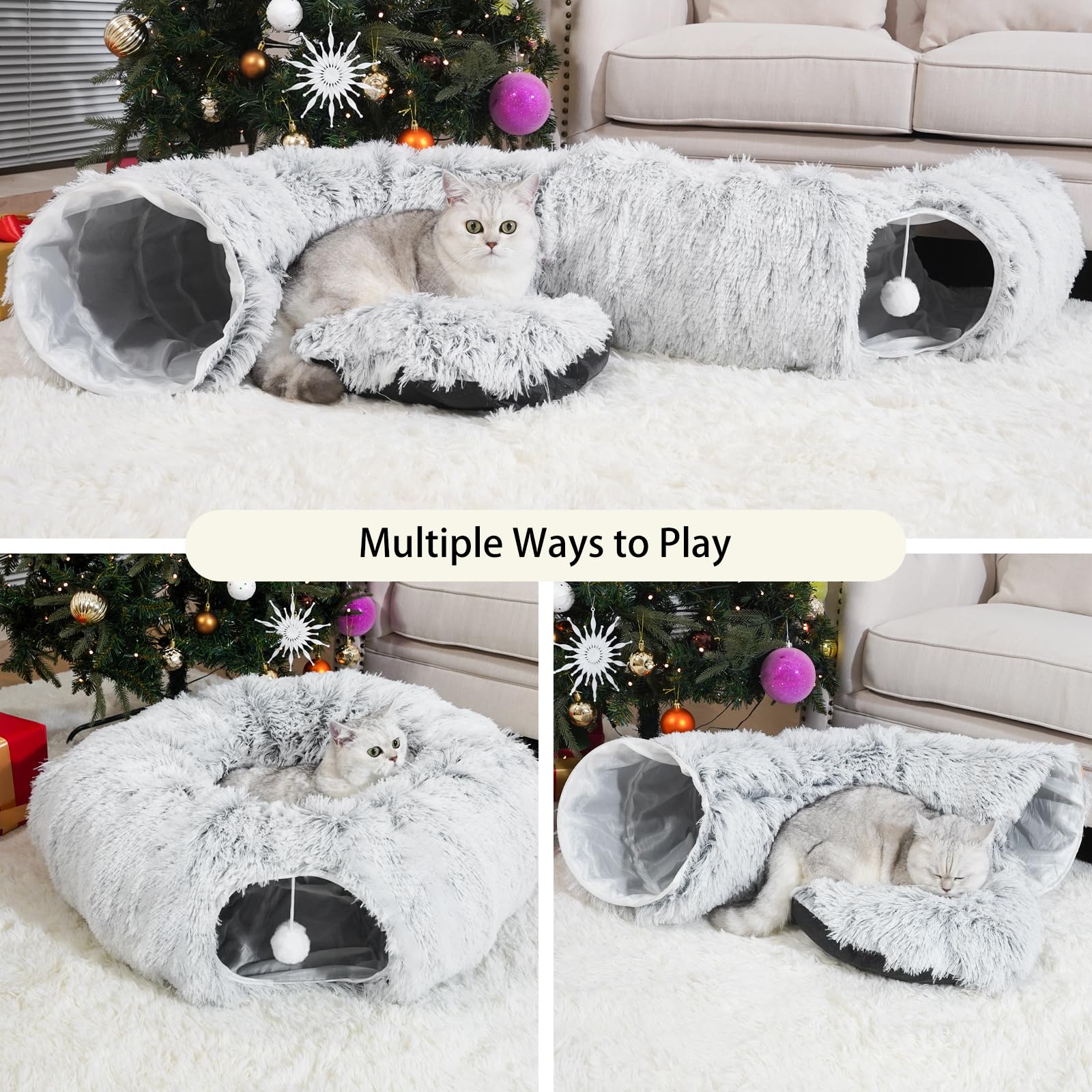 LVUVXVAV cat tunnel bed Christmas-tree entrance with hanging plush balls for curious kittens.