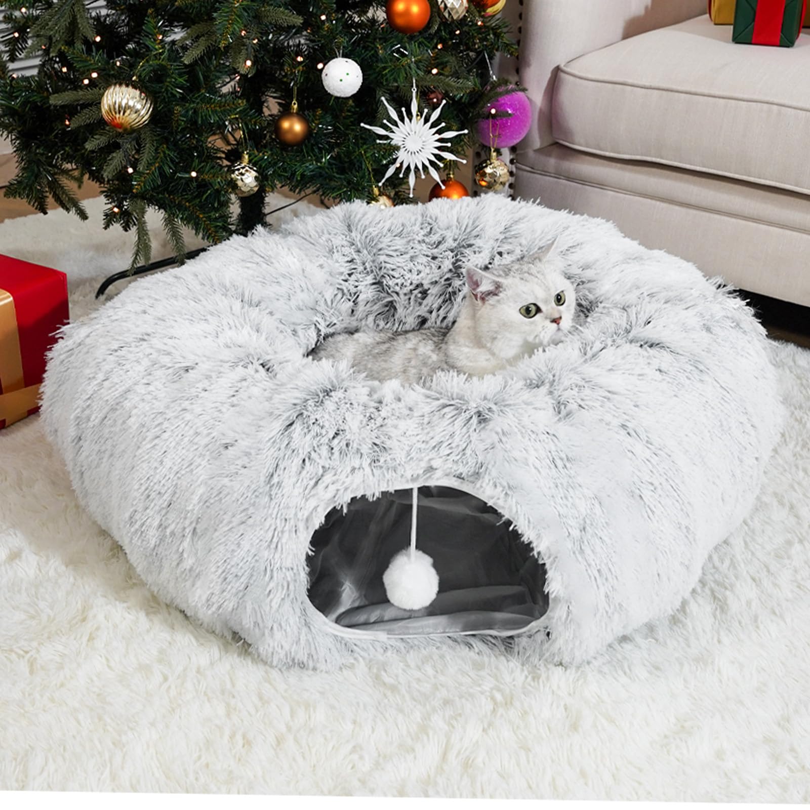 LVUVXVAV cat tunnel bed gray circle layout for multi-cat play and cozy resting.