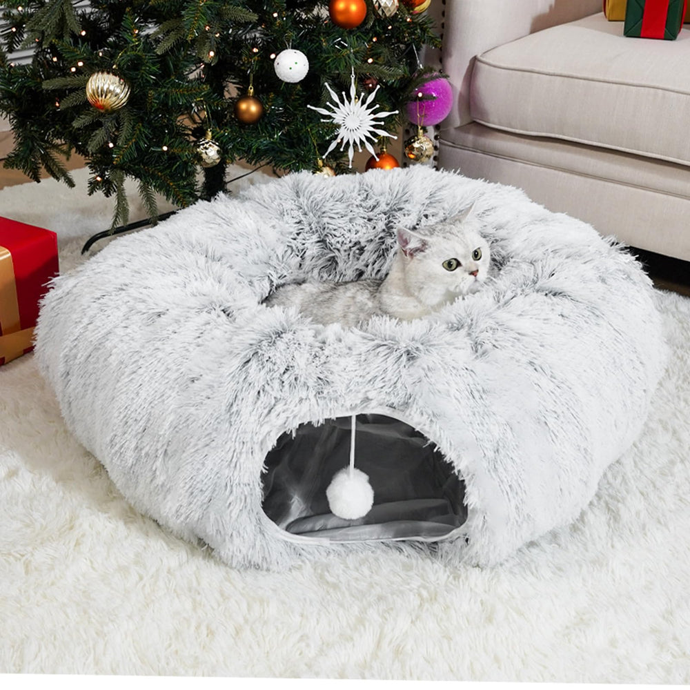 LVUVXVAV cat tunnel bed gray circle layout for multi-cat play and cozy resting.