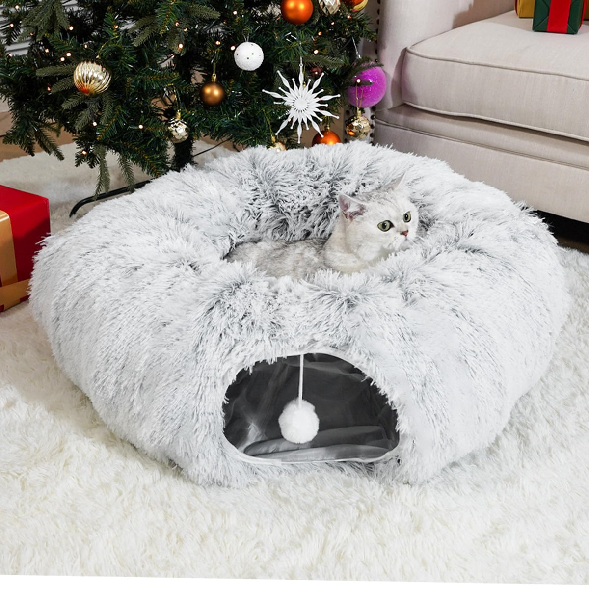 LVUVXVAV cat tunnel bed gray circle layout for multi-cat play and cozy resting.