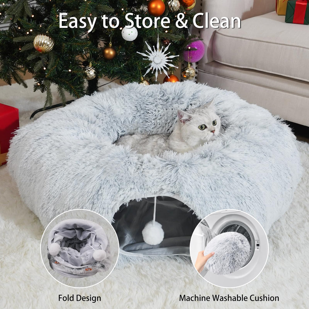 LVUVXVAV cat tunnel bed features a 33.5 by 33.5 inch footprint with inner cushion 15.8 inches.