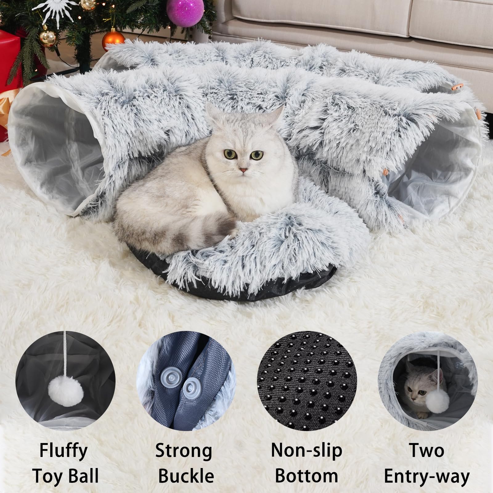 LVUVXVAV cat tunnel bed shows multi-cat use in a spacious living area.