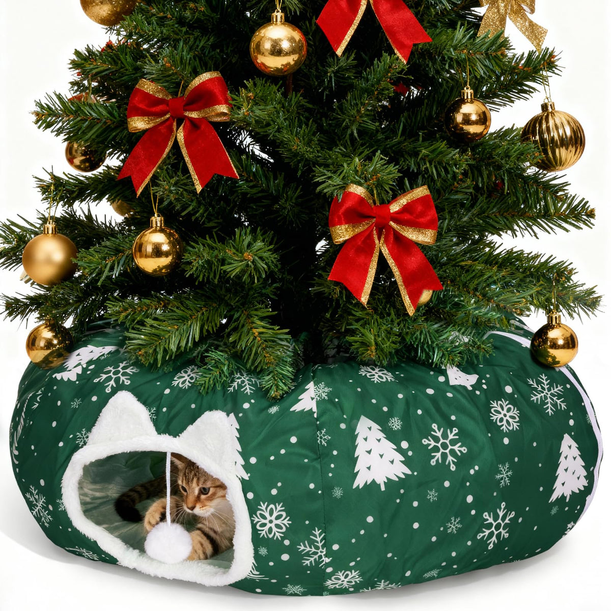 LVUVXVAV cat tunnel bed under Christmas tree blends festive decor with a cozy retreat