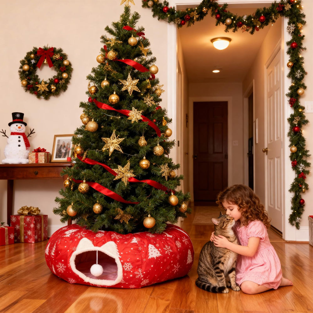 LVUVXVAV cat tunnel bed and Christmas tree combo blends with décor while inviting play.