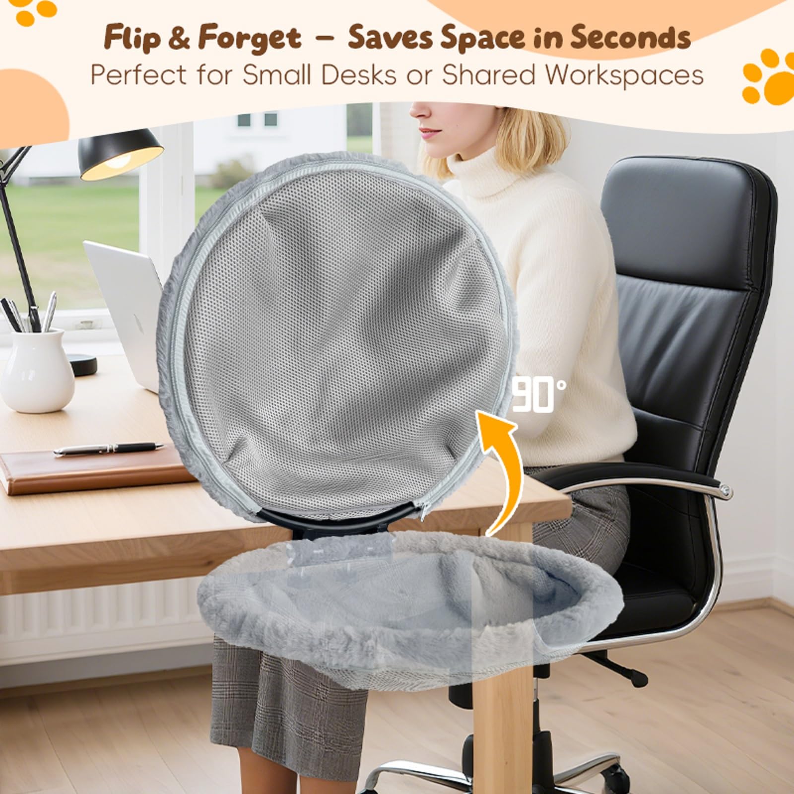 L&W BROS Cat Desk Bed heavy-duty clamps secure the perch for wobble-free work