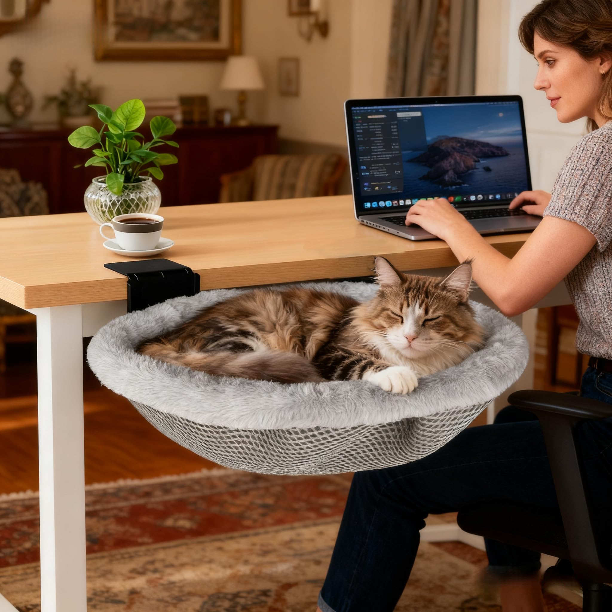 L&W BROS Cat Desk Bed mounted attachment demonstrates stable desk mounting for a calm work-from-home setup