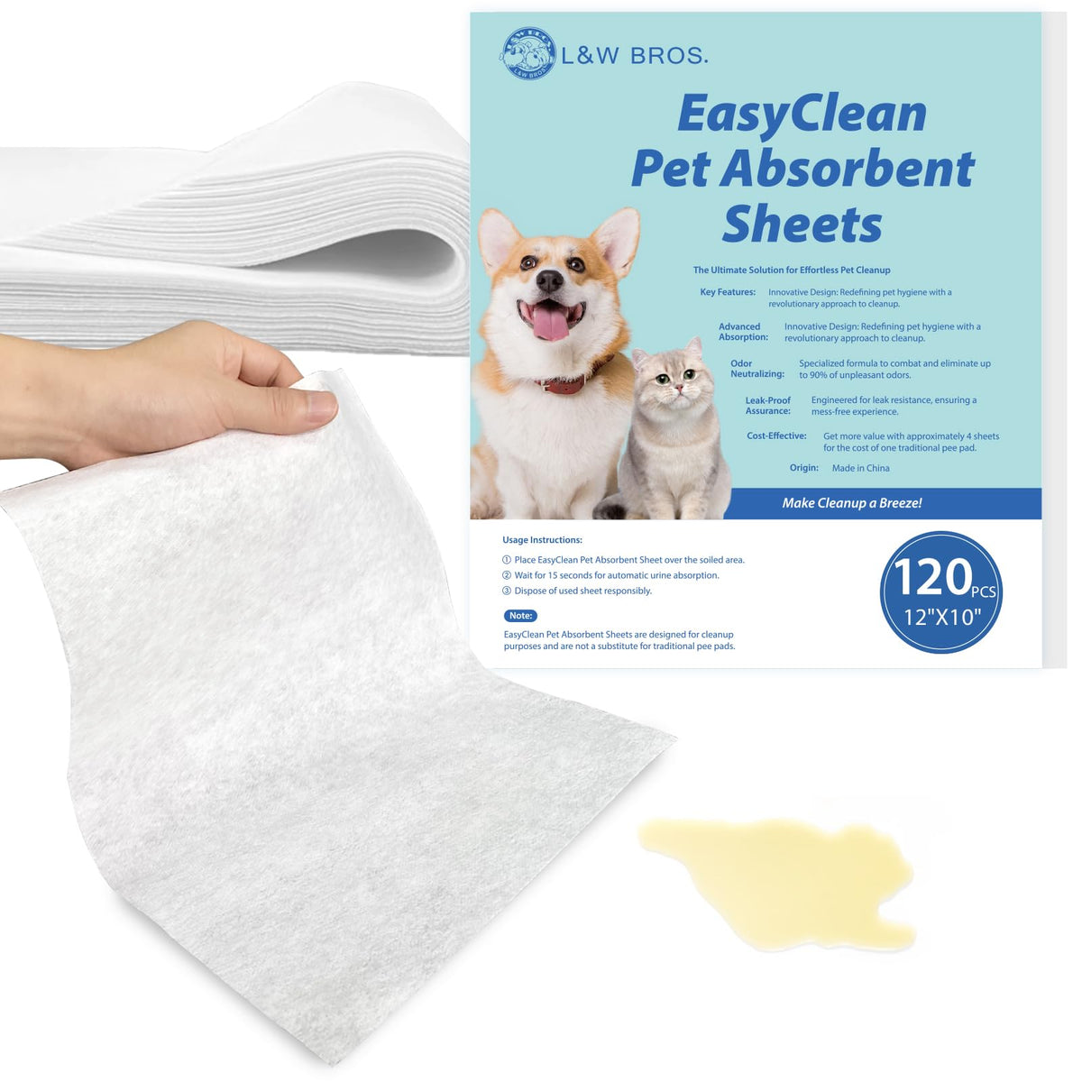 L&W BROS Easy Clean sheets overview for quick, mess-free pet cleanup on hard floors.