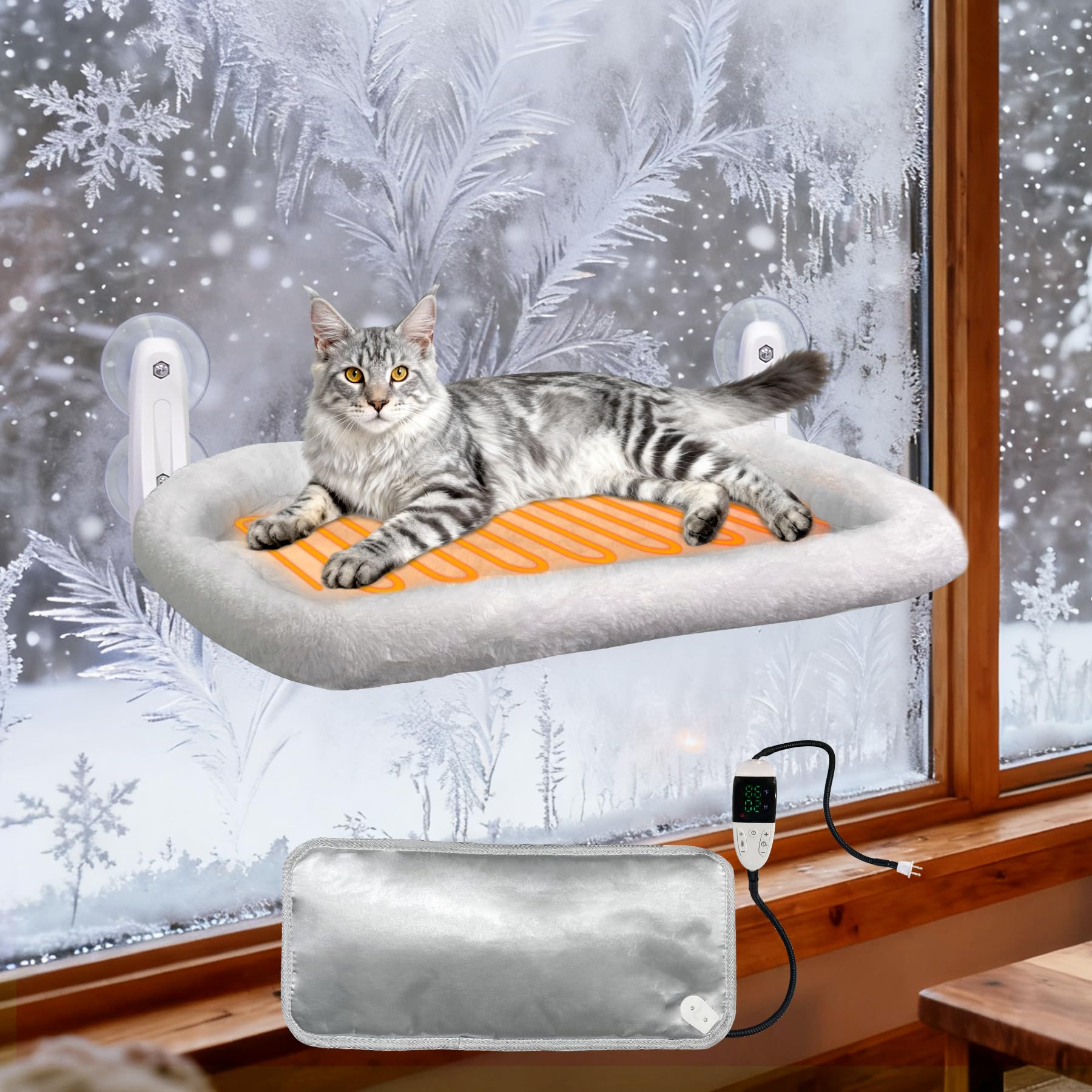 L&W BROS heated window perch side view shows a warm winter retreat for your cat