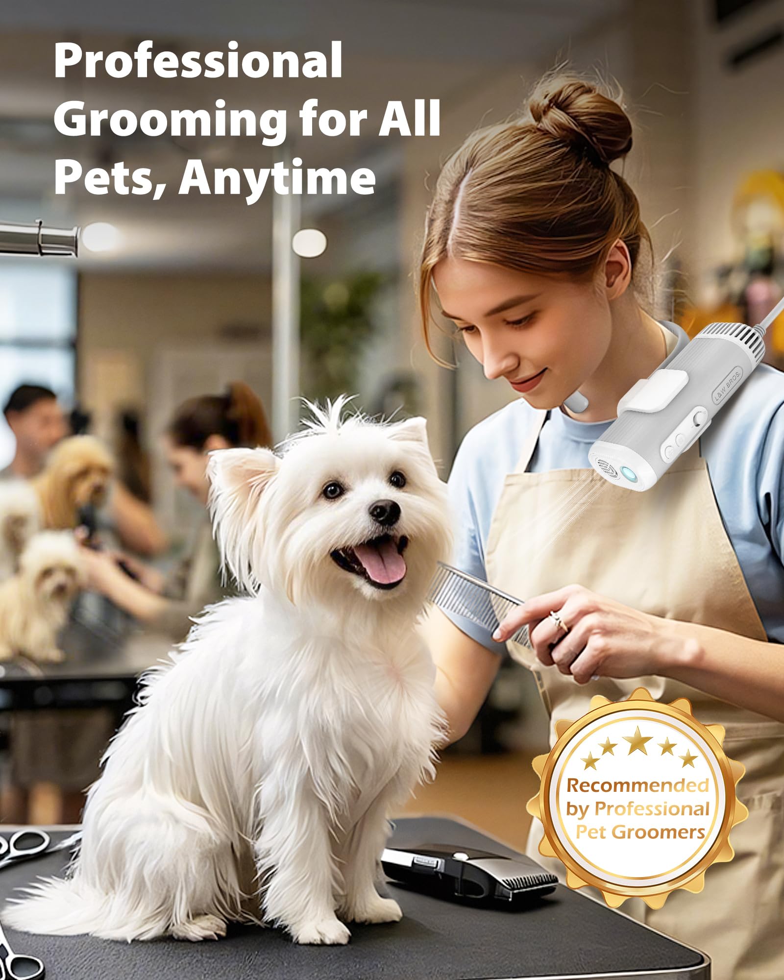 L&W BROS in-use session shows hands-free comfort during pet drying