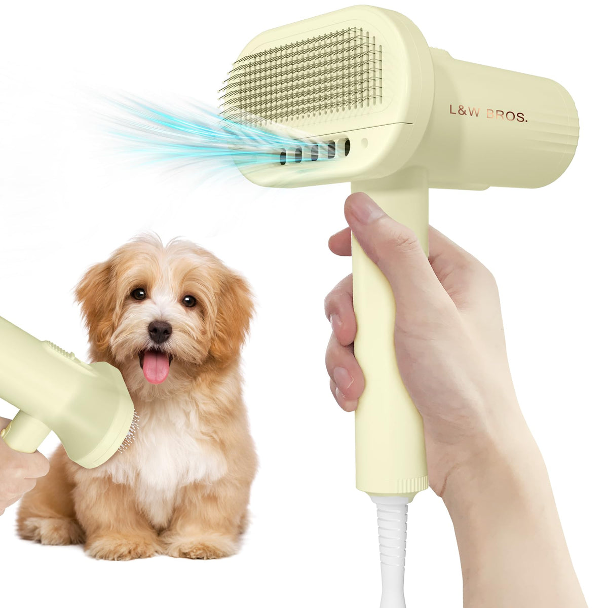L&W BROS quiet pet dryer light yellow front view for gentle grooming