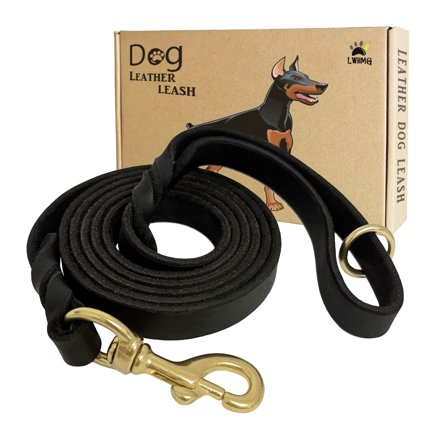 LWBMG black leather dog leash 6ft close-up shows sturdy control for daily walks.