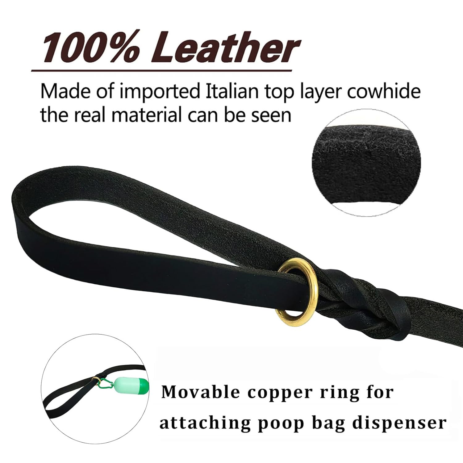 LWBMG Italian leather dog leash close-up highlights premium material and refined finish.