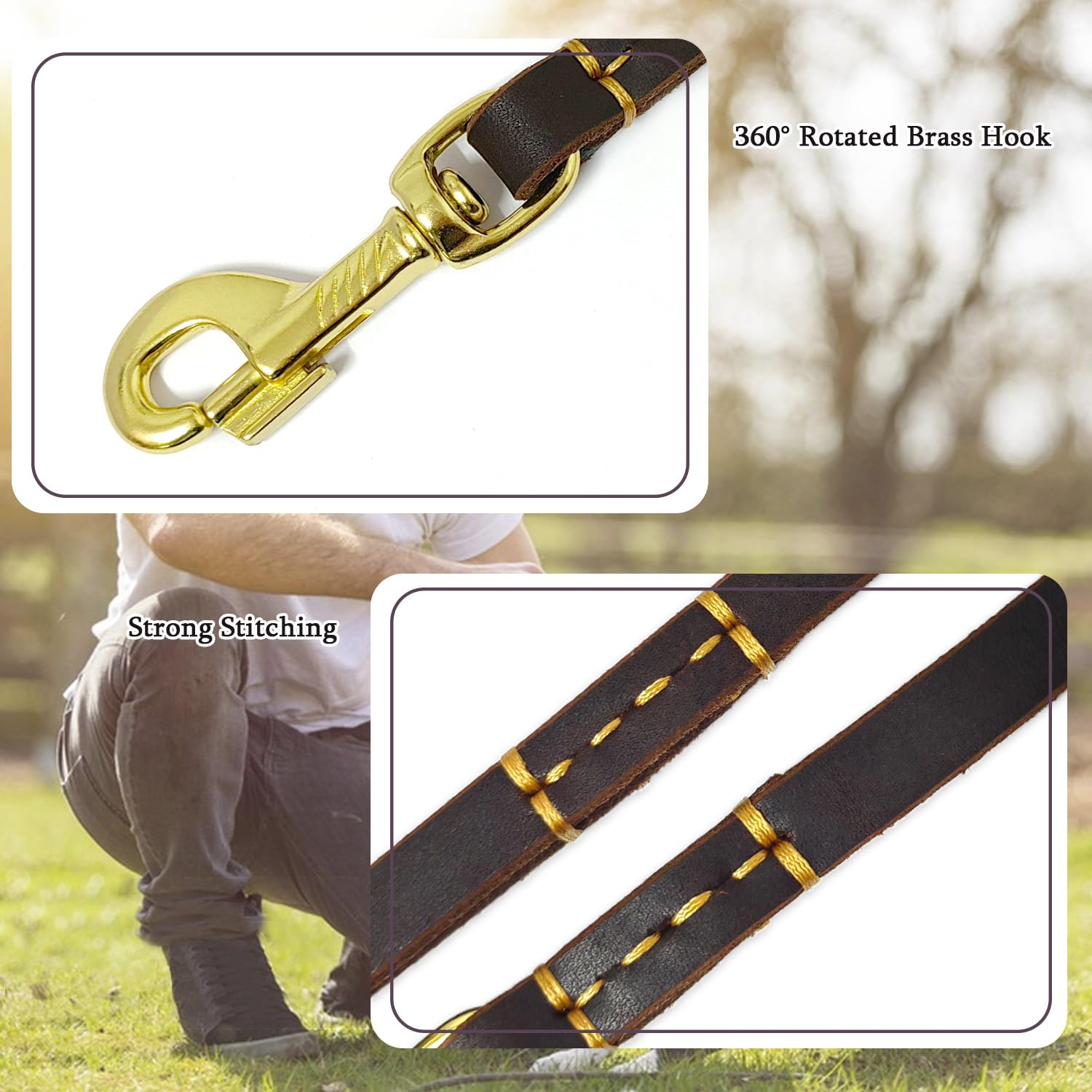 LWBMG Leather Dog Leash in-use walking scene shows 6ft reach for controlled outdoor activity.