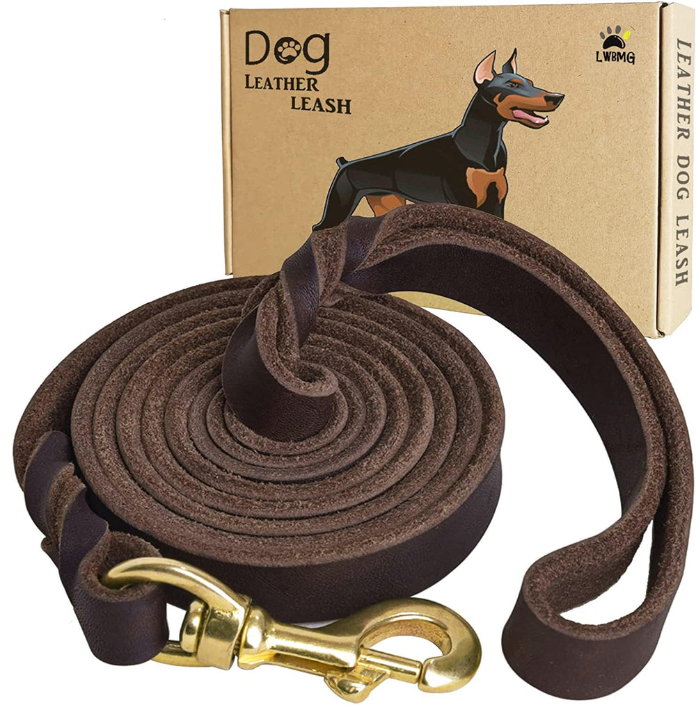 LWBMG leather dog leash 8ft brown closeup: durable Italian leather for comfortable daily walks