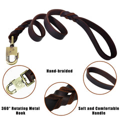 LWBMG leather dog leash on a street walk demonstrates easy handling.
